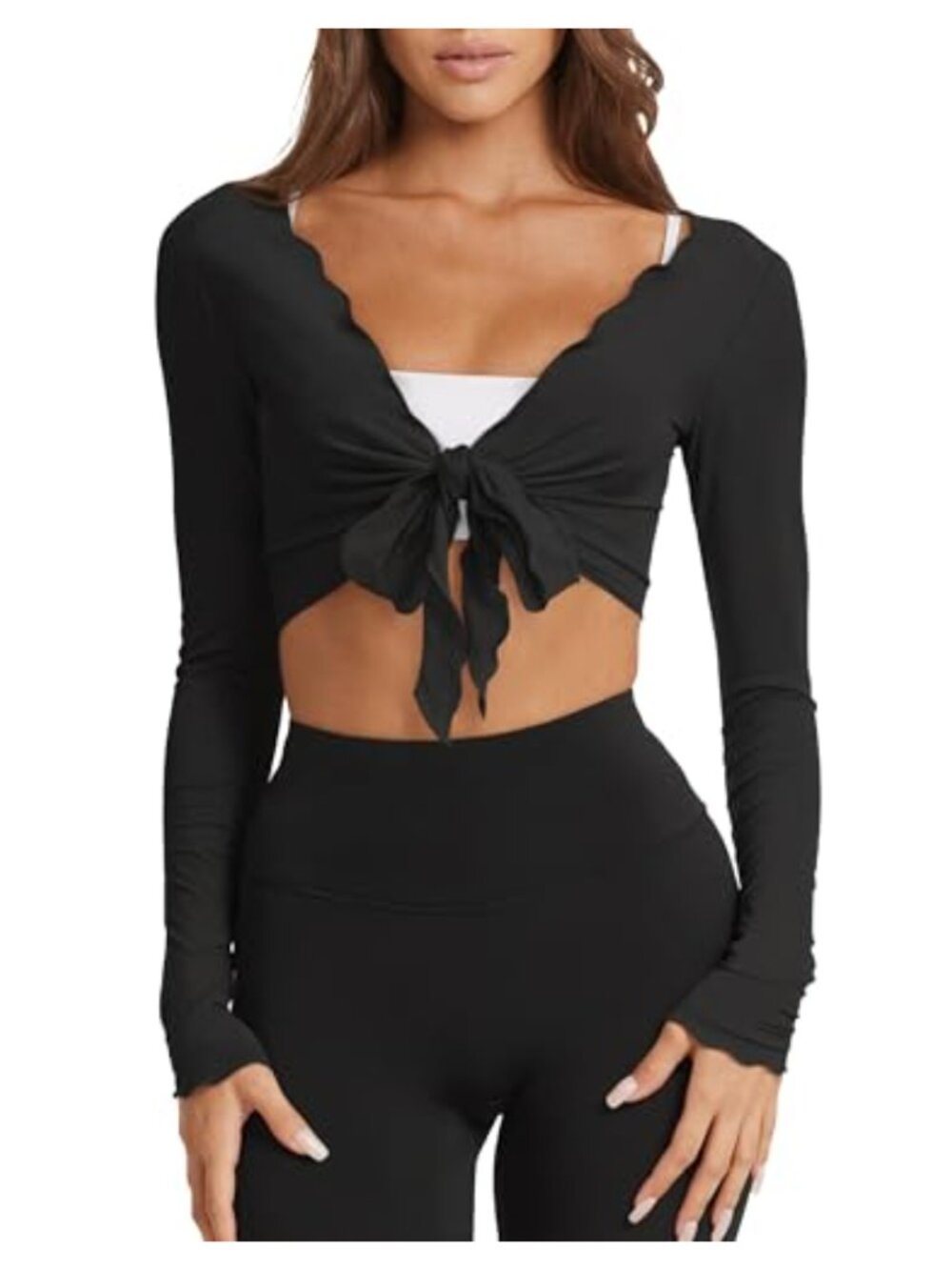 Women's Tie Front Wrap Top Long Sleeve Yoga Ballet Cover Up Crop
